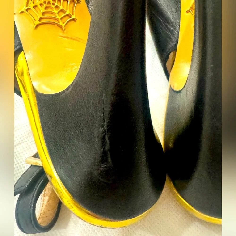 Black Leather DOLLY Gold Platform Slingback Pumps - Picture 10 of 11